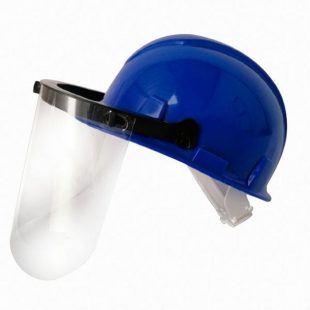 Casco industrial azul con proteccion facial pantalla estireno y ajuste con correa